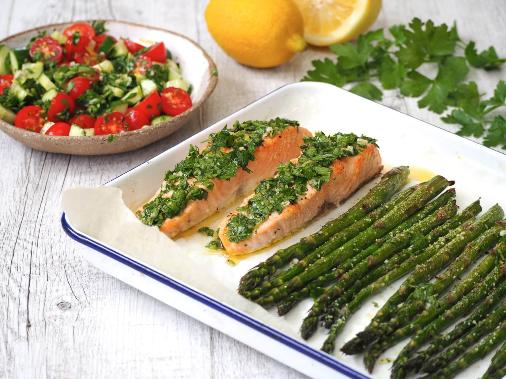 One Tray Baked Salmon with Lemon Herbs - Healthy Recipes by Lyndi Cohen